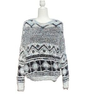 Paper Crane Women Boho Cozy Core Sweater M Blue White Geometric Eyelash Knit
